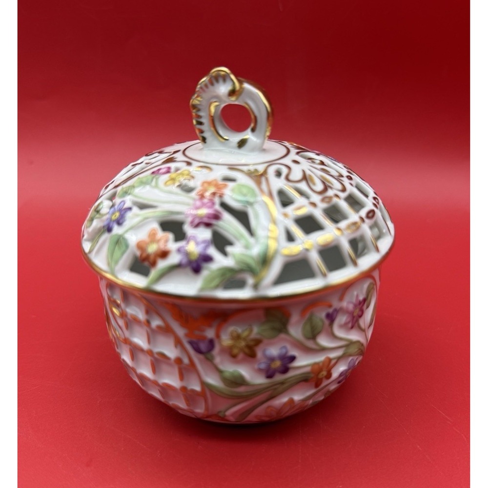 Antique 1930 Schumann Dresden Flowers Trinket Box Lidded Bowl Germany Floral